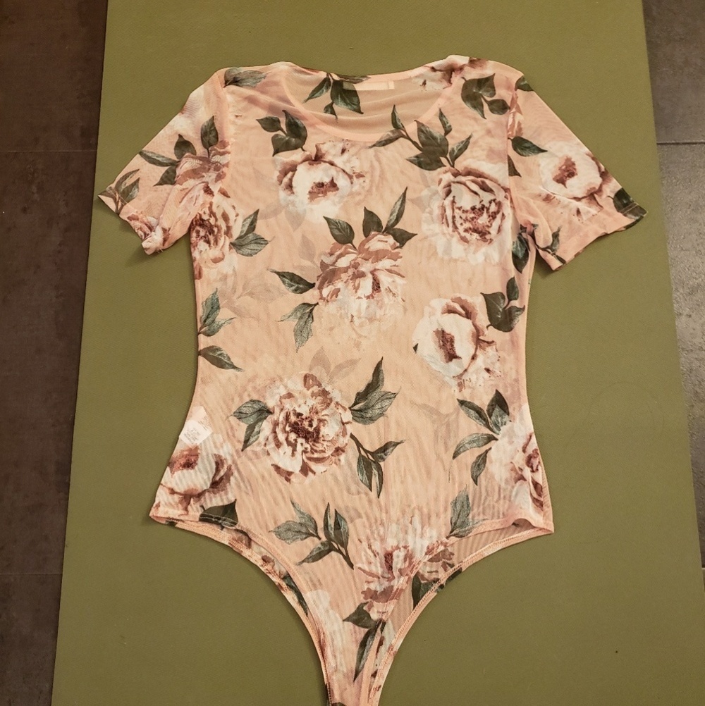 Floral Short Sleeved Boho Cottage Core Mesh Bodysuit - Picture 2 of 2